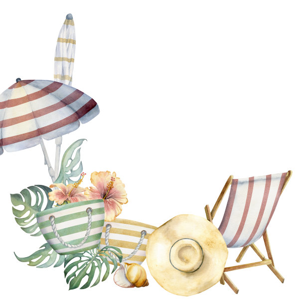 手绘水彩沙滩条纹配件包椅子伞。方形边框框架。孤立在白色背景上。设计墙面艺术，婚庆，印花，面料，封面，卡片，旅游，旅游小册子。图片下载