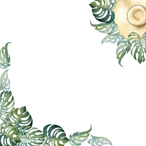 手绘水彩奇异的怪物叶和芙蓉花。方形边框框架。孤立在白色背景上。设计墙面艺术，婚庆，印花，面料，封面，卡片，旅游，旅游小册子。图片下载