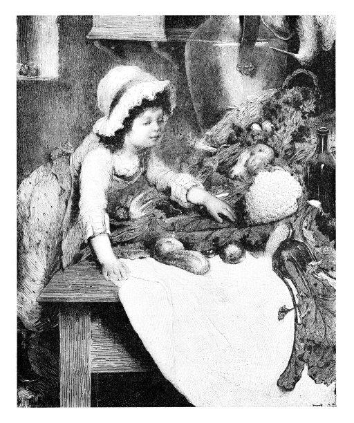 桌上放着蔬菜的殖民地女孩图片下载