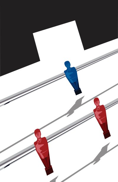 足球运动员的形象。足球台体育场顶视图。两名对位球员前的守门员。图片下载