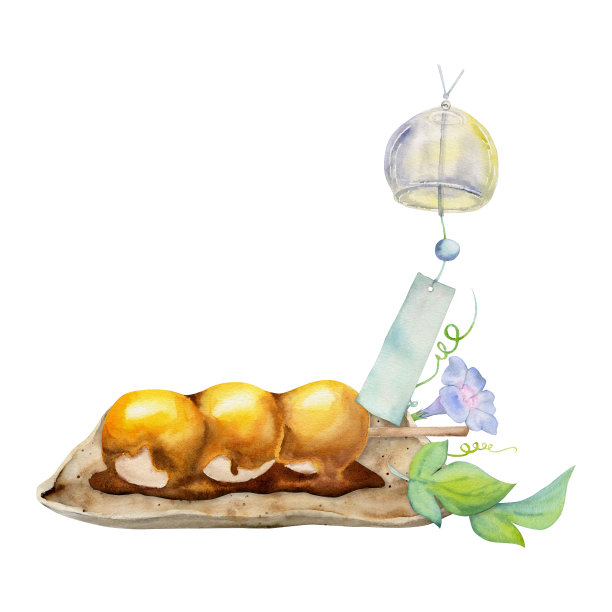 水彩手绘的日本传统糖果。陶瓷菜，炸锅，夏日和果。孤立在白色背景上。设计邀请函，餐厅菜单，贺卡，印刷，纺织图片下载