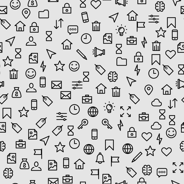 无缝模式的社会黑色图标在一个白色的背景，上面描绘了一个脸，房子，城堡，沙漏，光标，铅笔，时钟，平面矢量插图的风格。图片下载