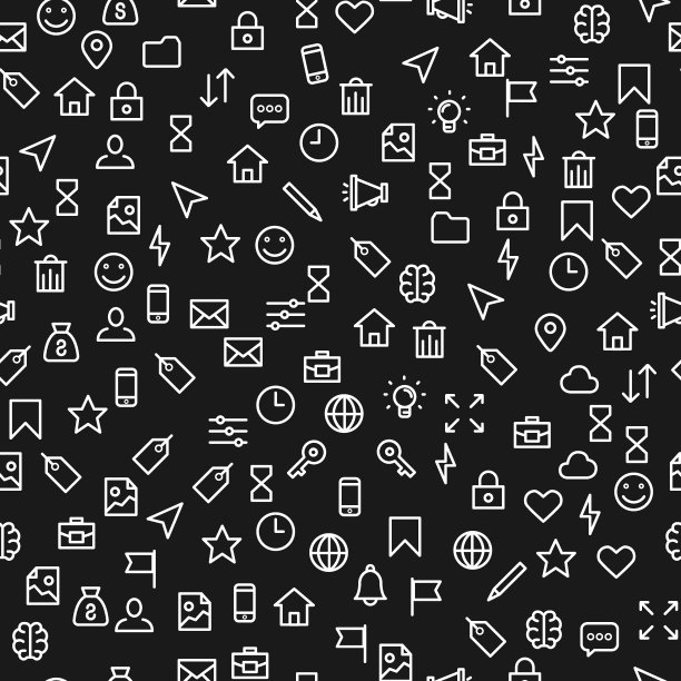 黑色背景上的社会白色图标的无缝模式，上面有一张脸，一座房子，一座城堡，一个沙漏，一个光标，一支铅笔，一个时钟，以笔触的风格描绘。图片下载