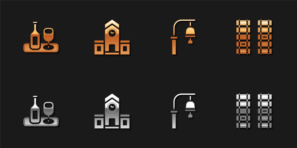 酒瓶与玻璃，火车站，火车钟和铁路，铁路轨道图标。向量图片下载