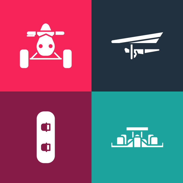 设置流行艺术一级方程式赛车，滑雪板，悬挂滑翔机和亚视摩托车图标。向量图片下载