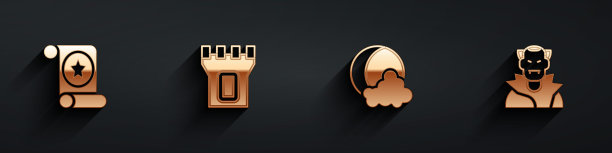 设置魔法卷轴，城堡塔，月亮和星星和吸血鬼图标与长影子。向量图片下载