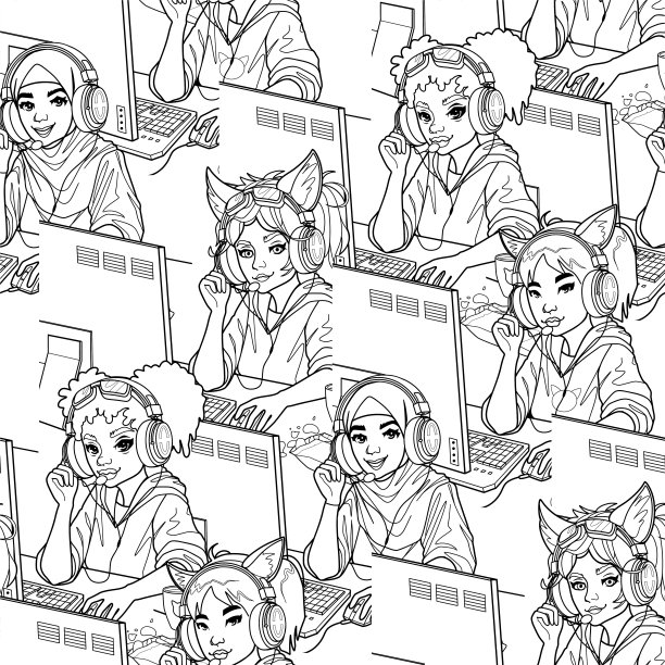 抽象无缝模式的不同女孩游戏玩家或主播坐在电脑前。图片下载