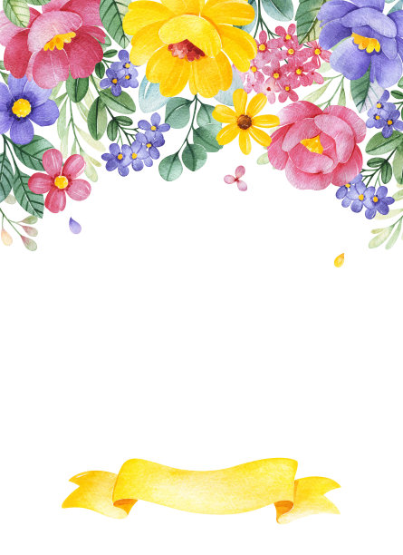 可爱的水彩边框与花，叶，树枝和丝带图片下载