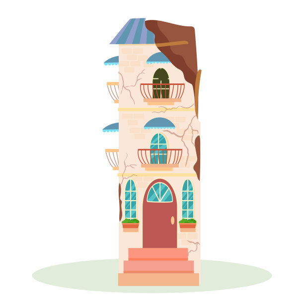 火灾或地震后被摧毁的建筑物。战后被毁的城市建筑。残破的城市，破旧不堪的房屋。矢量插图隔离在白色背景上。图片下载