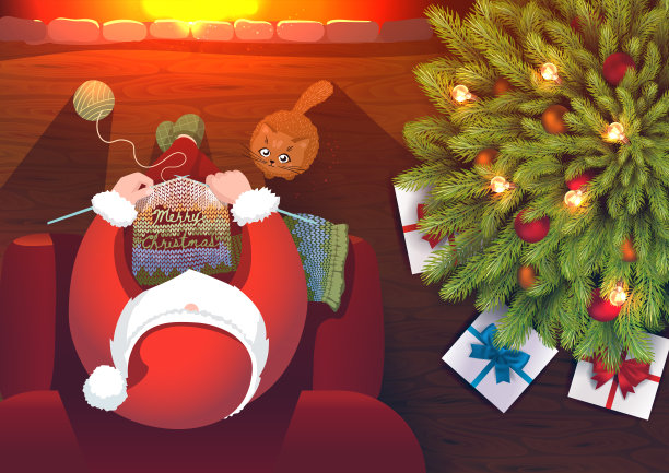 卡通圣诞老人在壁炉旁与可爱的小猫和圣诞树编织了一条写有“圣诞快乐”字样的围巾。从上面看。图片下载