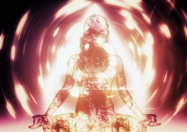 一个女人用灯光效果冥想的剪影插图图片下载