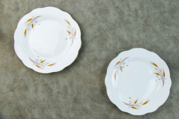 一套陶瓷板装饰小麦插图显示在灰色背景图片下载