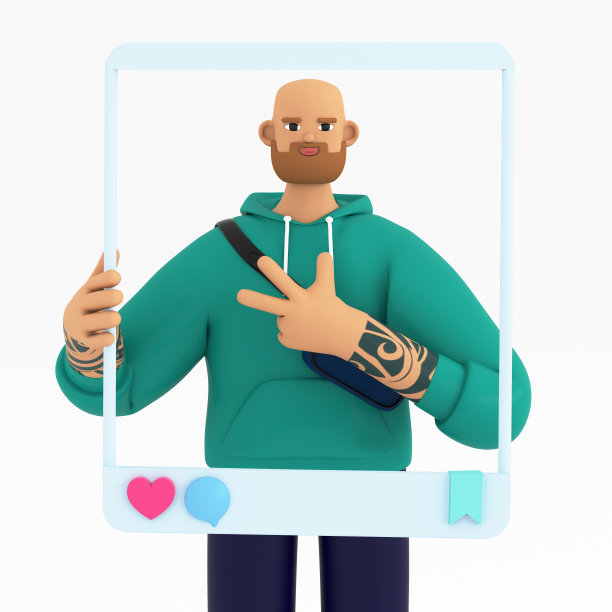 英俊的胡子男子持有社交媒体框架，为博客制作照片。博客，分享故事和卷轴的概念。在白色背景上的3d渲染插图。图片下载