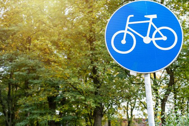 公园里有自行车的蓝色标志。城市里有专门的自行车道。城市背景。关闭了。夏天，春天活动。自行车，新生活方式图片下载