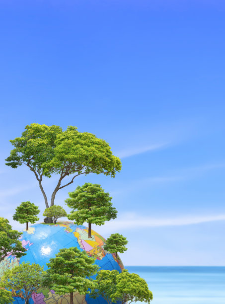 一组生长在地球上的绿色树木模型，河流和蓝天背景模糊的自然视图，世界环境日概念图片下载