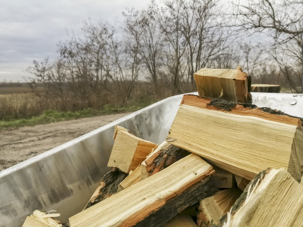 花园手推车里的柴火。用花园手推车运输木柴。许多劈开的木头用来给房子供暖。冬天取暖用的柴火。图片下载