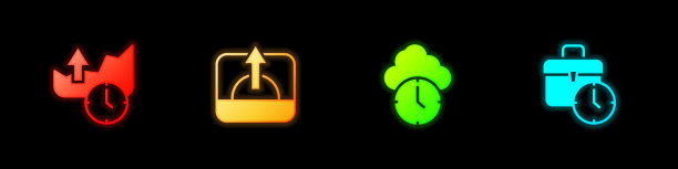 设置股票市场增长图形，日出，时钟和工作时间图标。向量图片下载