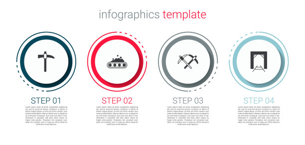 设置鹤嘴锄、运煤输送带、矿井入口。业务信息图模板。向量图片下载