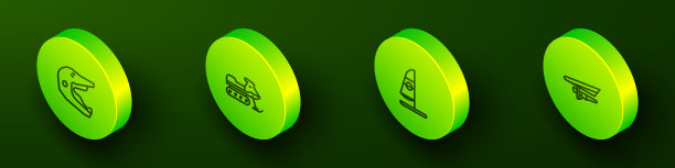 设置等距线摩托车越野摩托车头盔，雪地摩托，风帆冲浪和悬挂滑翔机图标。向量图片下载