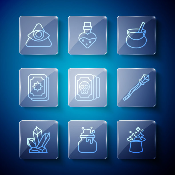 设定线魔法石，女巫大锅，帽子，塔罗牌，全视之眼和权杖图标。向量图片下载