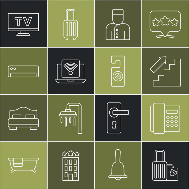 设置线行李箱，电话听筒，上楼，礼宾，无线笔记本电脑，空调，智能电视和请不要打扰图标。向量图片下载