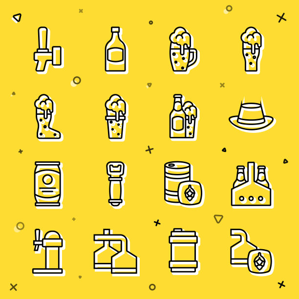 集线啤酒酿造过程，啤酒瓶，啤酒节帽子，玻璃，靴子玻璃，水龙头和图标。向量图片下载