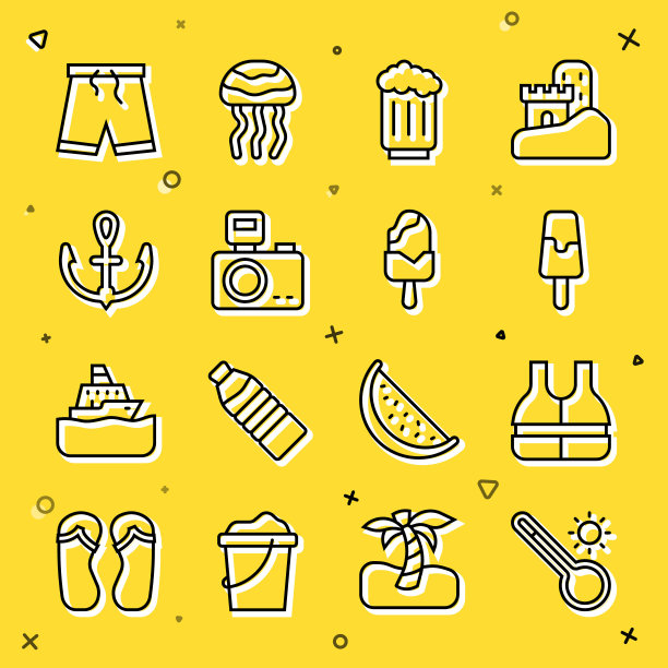 集线气象温度计，救生衣，冰淇淋，木制啤酒杯，带闪光灯的相机，锚，泳裤和图标。向量图片下载