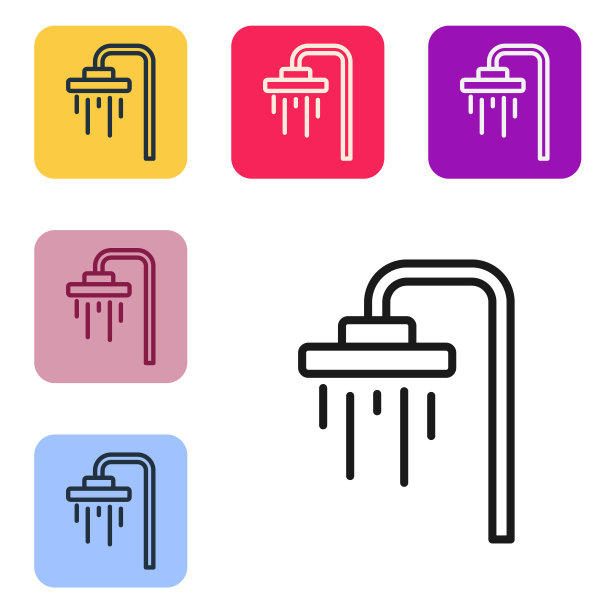 黑线淋浴头与水滴流动的图标隔离在白色背景上。设置图标为彩色方框按钮。向量图片下载