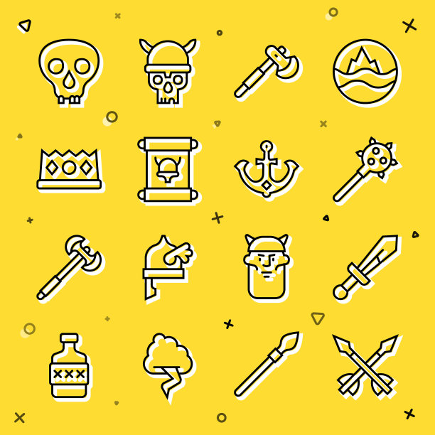 中世纪的箭，剑，钉钉的狼牙棒，木斧，法令，羊皮纸，卷轴，国王王冠，头骨和锚图标。向量图片下载