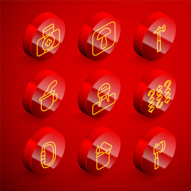 集线急救箱，蘑菇，锤子，一杯茶，烧烤烧烤，烤羊肉串串，钩和打火机图标。向量图片下载