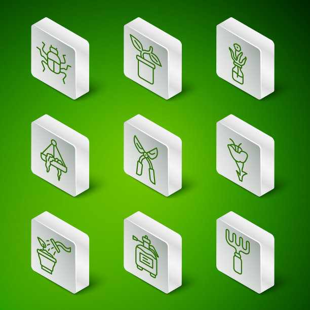 套装线花园耙，肥料喷雾器，甲虫虫，园艺手工剪刀，植物挂盆，喷洒植物和花卉图标。向量图片下载