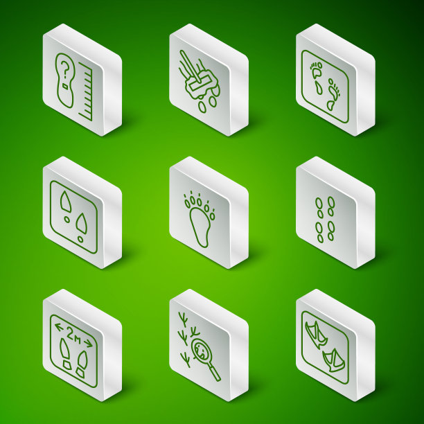 设定线海鸥爪脚印，鸟，正方形测量尺寸，熊，人类脚印鞋，拖把，安全距离和图标。向量图片下载