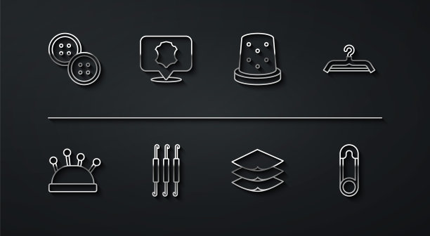 集线缝纫按钮，针床和针，衣架衣柜，层次服装纺织品，钩针钩，皮革，安全别针和顶针为缝纫图标。向量图片下载