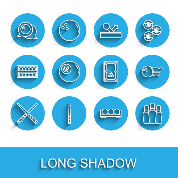 设置线交叉台球线索，台球，保龄球，球的立场，瓶，和表图标。向量图片下载