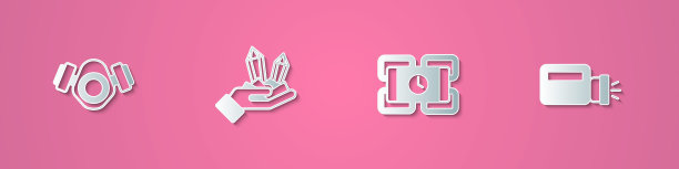 设置剪纸防毒面具，宝石，炸药和手电筒图标。纸艺术风格。向量图片下载