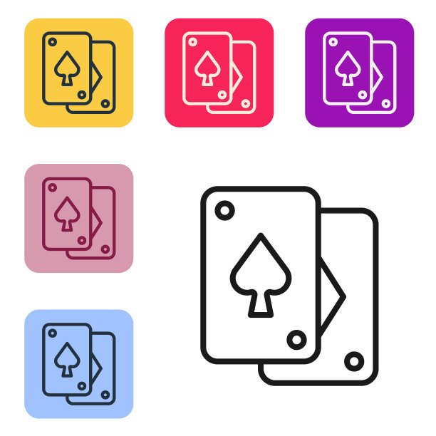 黑线扑克牌图标孤立在白色背景上。赌场赌博。设置图标为彩色方框按钮。向量图片下载