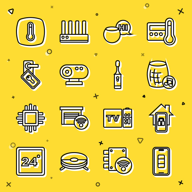 设置线路智能手机电池充电，移动与智能家居，语音助手，网络摄像头，数字门锁，恒温器和电动牙刷图标。向量图片下载