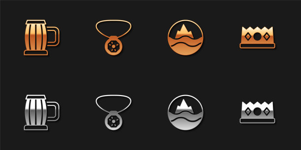 设置木制啤酒杯，项链与宝石，大海和海浪和国王王冠图标。向量图片下载