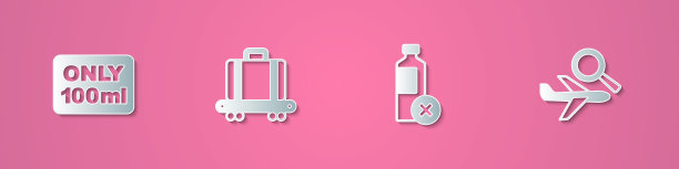 设置剪纸液体在随身行李，传送带与手提箱，没有水瓶和飞机搜索图标。纸艺术风格。向量图片下载