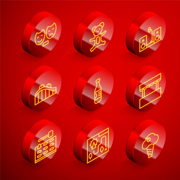 设定线喜剧和悲剧面具，泰迪熊毛绒玩具，家庭音响与两个扬声器，过山车，瓶装水，售票处，街机游戏机和游乐园地图图标。向量图片下载