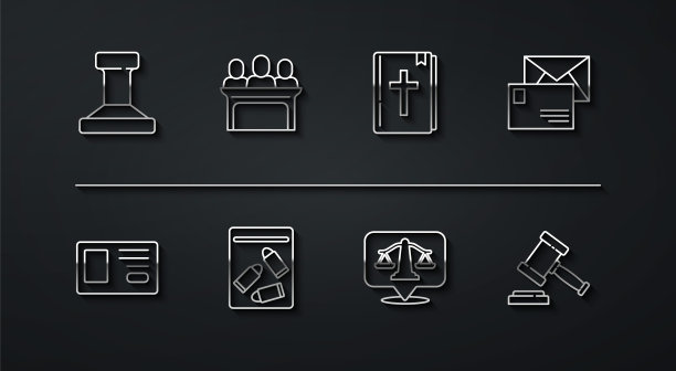 邮票，身份识别徽章，信封，正义天平，证据袋和子弹，陪审员，法官木槌和圣经书图标矢量素材图片下载