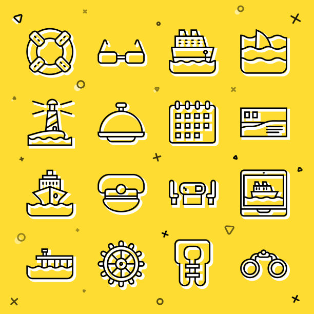 集线双筒望远镜，游轮，明信片旅行，覆盖托盘，灯塔，救生圈和日历图标。向量图片下载