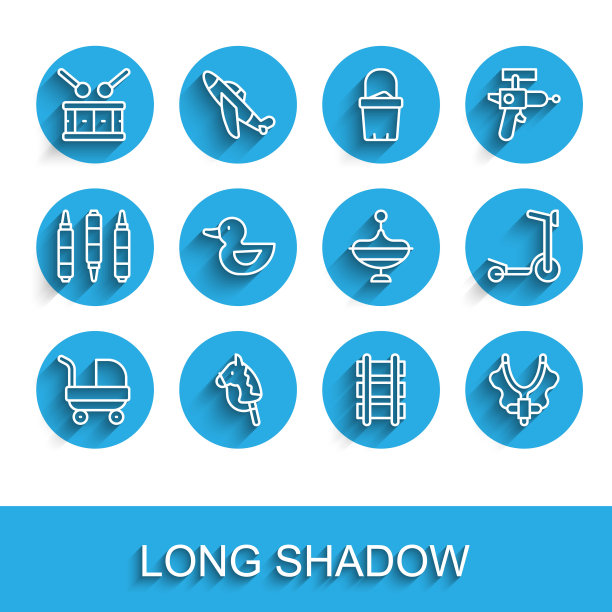 集线婴儿推车，玩具马，鼓与鼓棒，铁路，弹弓，橡皮鸭，滑板车和旋转玩具图标。向量图片下载