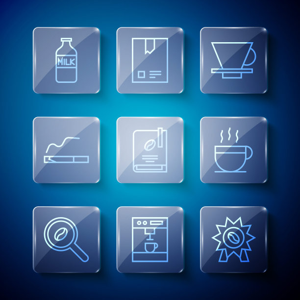 集生产线选择咖啡豆，咖啡机，奖章，V60机，书，香烟，瓶与牛奶和杯子图标。向量图片下载