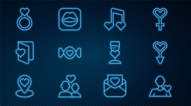 集线浪漫的男人，女性性别符号，音乐音符，语气与心，糖果，情人节传单，结婚戒指，香槟杯和微笑的嘴唇图标。向量图片下载