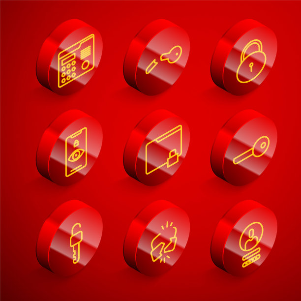 设置线房子对讲系统，坏钥匙，锁，眼睛扫描，文件夹和锁，钥匙，解锁或破裂的图标。向量图片下载