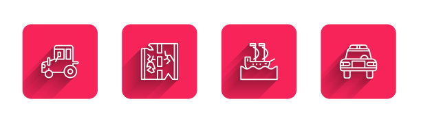 设置线拖拉机，破碎的道路，帆船和警车和闪光灯与长影子。红色方块按钮。向量图片下载