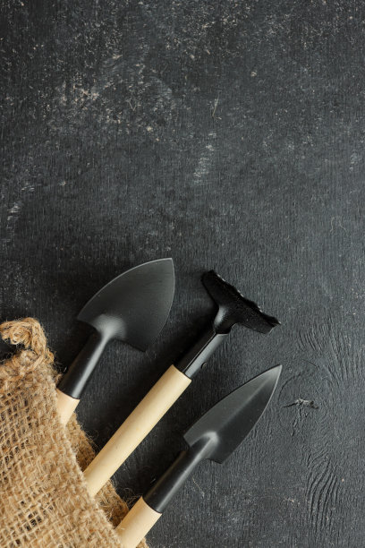 园艺工具装在黑色背景的粗麻袋里，留有文字空间图片下载