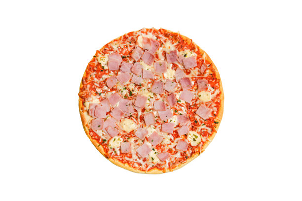 美味的圆形肉披萨孤立在白色。肉和奶酪披萨的俯视图。意式食品，街头食品，快餐，速食的概念。图片下载