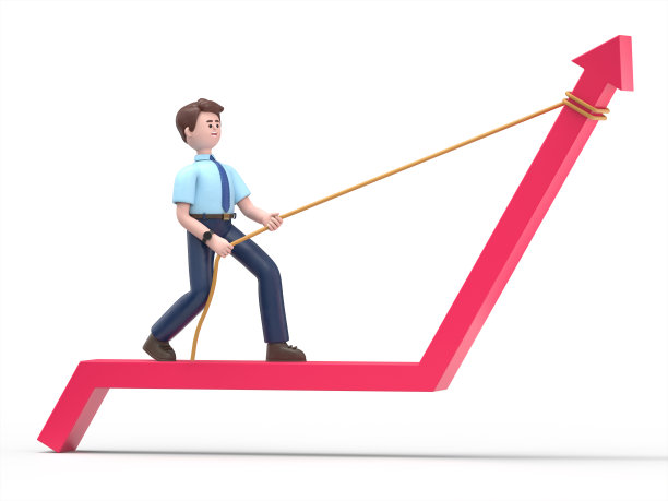 3D插图的微笑亚洲男子菲利克斯拉箭头图表与一根绳子。艺术作品描绘了收益、利润、提升和奖励。白色背景上的3D渲染。图片下载